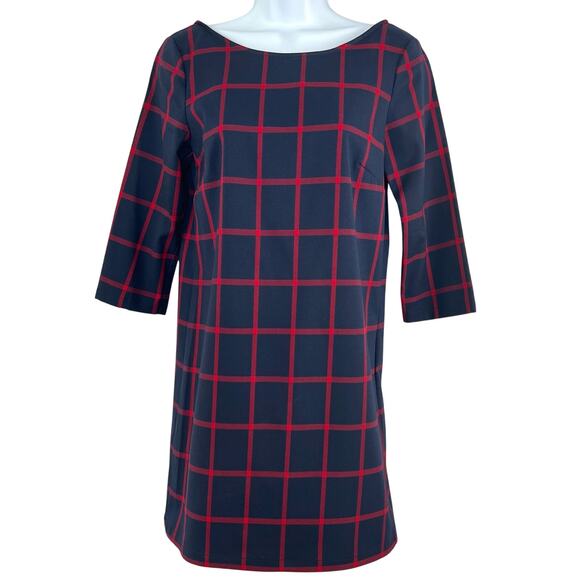 MNG By Mango Womens Size XXS Navy Red Check 3/4 Sleeve Shift Mini Dress NWT - Picture 6 of 14